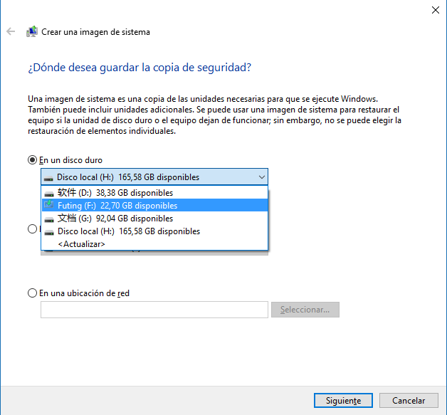 copia de seguridad de imagen en Windows 10
