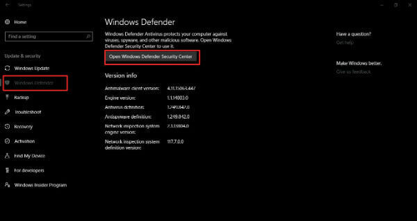 Windows 10 Defender Security Center